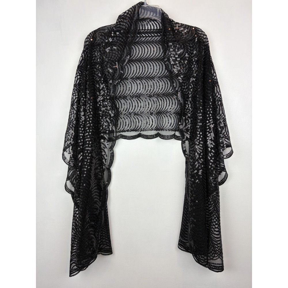 Scarf Sheer Black Sequin Neck Head Shawl Wrap Rectangle Event Goth Old Money